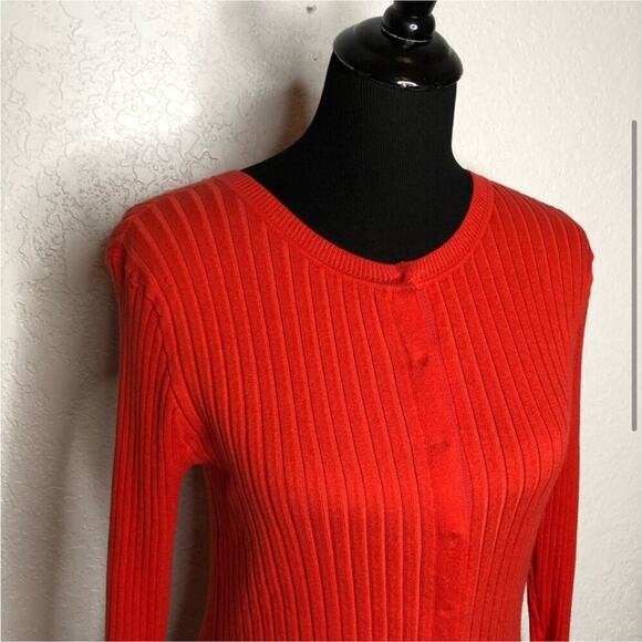 Cabi bright orange trumpet sleeve ribbed snap front cardigan size Small #5285 - Picture 3 of 16